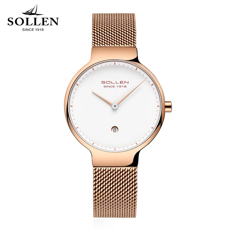 

Relogios Femininos SOLLEN Ultrathin Watch Women Calendar Mesh Steel Strap Wristwatch Simple Ladies Quartz Watches reloj mujer