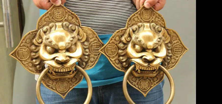 

671115336++++12" FengShui Chinese Folk Brass Guard Lion Head Statue Door Ring Knocker Pair