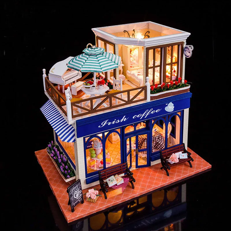 

3D Coffee Shop Model Miniature Voice Control Light Dollhouse Furnitures Kit DIY Wooden Doll House Christmas Birthday Gift