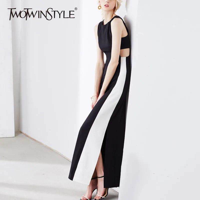

TWOTWINSTYLE Patchwork Long Dress Female Sleeveless Hole High Waist Split Slim X Long Dresses 2019 Spring Summer Elegant Clothes