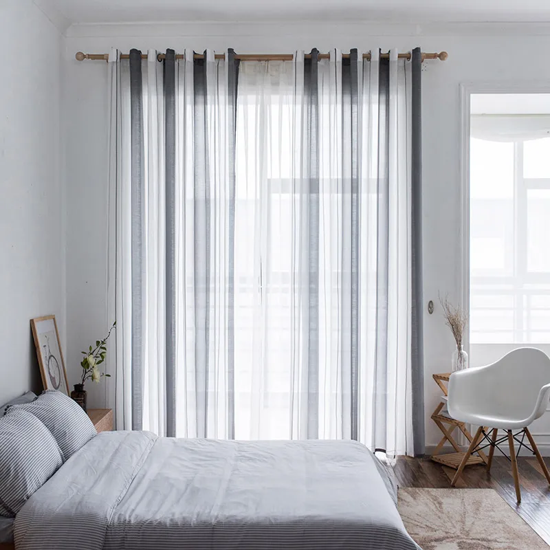 ENHAO Современные тюлевые шторы в простом стиле в полоску для гостиной, спальни, кухни, льняная оконная сплошная штора из вуали на окна, тюль - Цвет: gray