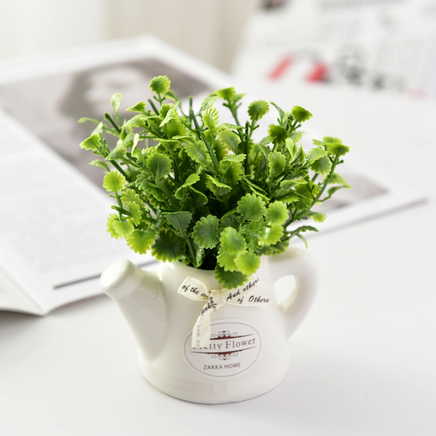 

Artificial Flower Plant Peppermint Grass+Ceramic Small Pot Vase Mini Desktop Bonsai for Living Room Garden Decoration farmhouse