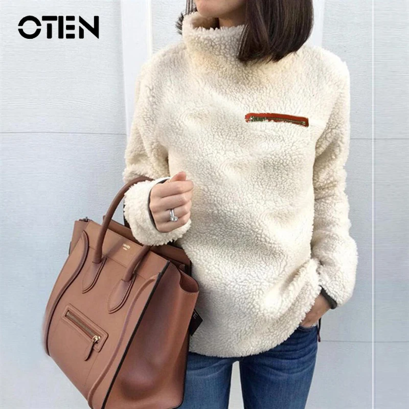 

OTEN 2018 Women winter sweatshirt Long Sleeve Front Zipper stitch Turtleneck Pullover army green pink gray top hoodies fleece
