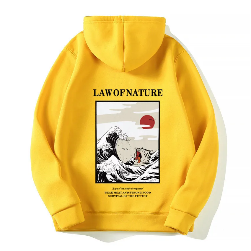

Embroidery Wave Printed Fleece Hoodies 2019 Autumn Japan Style Hip Hop Casual Sweatshirts Streetwear hoodie men Couple shirts