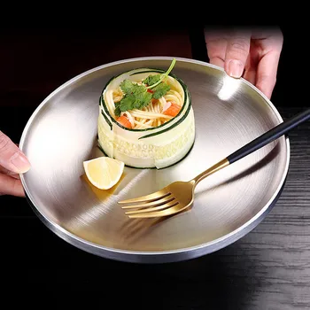 

Stainless Steel Plate Dinner Plate Food Tray Platos Dish Double Metal Round Plate High-class Dessert Salad Dish Christmas Tray