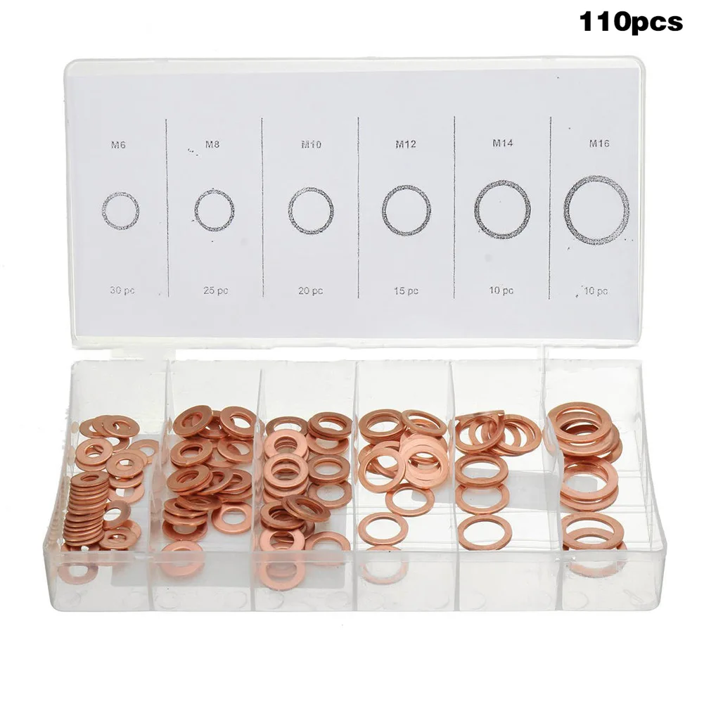

110Pcs Copper Washer Assortment Set Solid Sump Plug With Transparent Storage Box HYD88