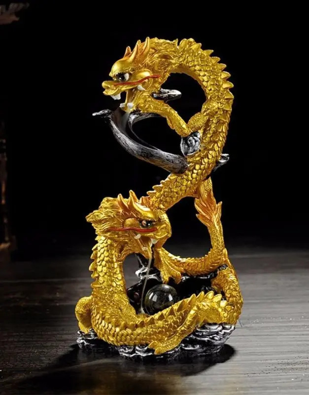 

Handmade resin Backflow incense burner Double Chinese Golden dragon Play Pearl