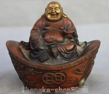 

6" China Buddhism Bronze Wealth Seat Yuanbao Happy Laugh Maitreya Buddha Statue