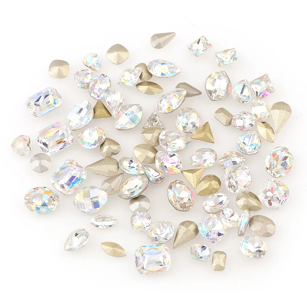 

About 10Pcs Mix Shape Shiny Glitter Transparent Colorful Glass Pointback Bottom Rhinestones For DIY Nail Art Jewelry Decoration