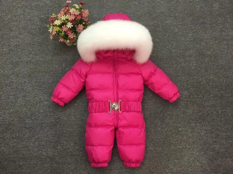 Newborn Winter Romper Baby Snowsuit Infant Overcoat Kids Snow Wear Jumpsuit Duck Down Coatton Liner Child New Year Costumes - Color: white fur rose red