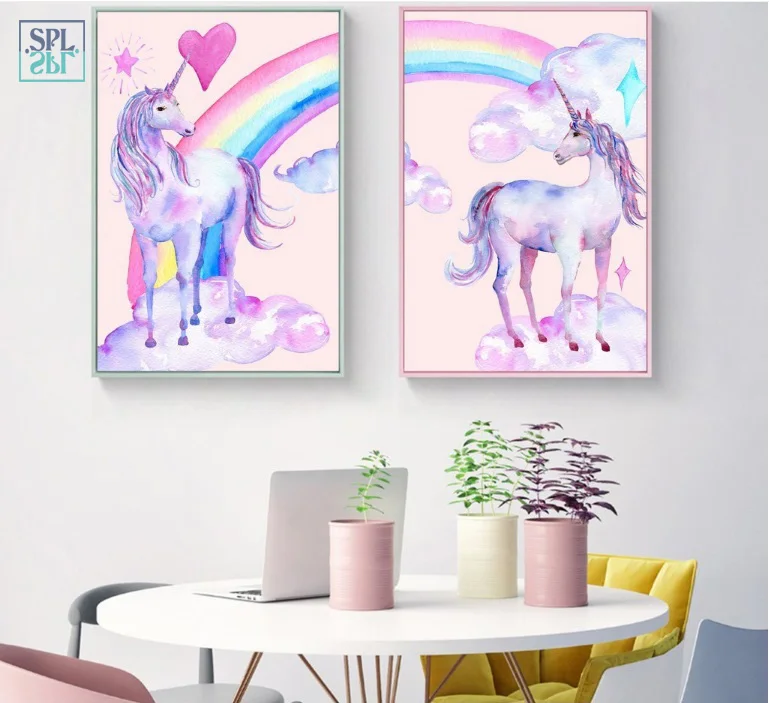 

SPLSPL Nordic Canvas Wall Art Oil Painting Unicorn Rainbow Cartoon Baby Room Wall Decoration Posters and Prints No Framed