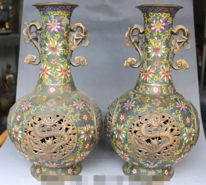 

S3100 16" Royal Palace China Cloisonne Enamel Gold Gilt Dragon Vase Bottle Statue Pair