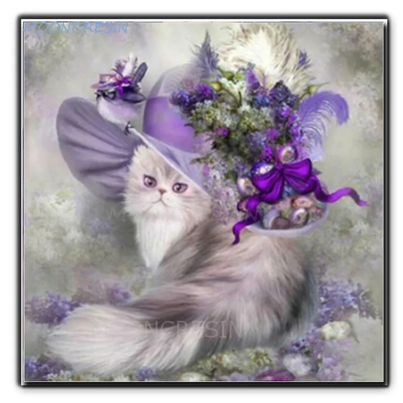 

MOONCRESIN 5D Diy Diamond Painting Cross Stitch Purple Cat With Hat Diamond Embroidery Full Square Diamond Mosaic Decoration Kit