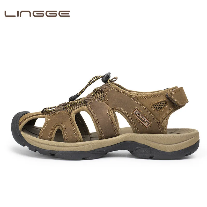 

LINGGE High Quality Mens Sandals Genuine Leather Summer 2018 New Beach Men Casual Shoes Outdoor Sandals Plus Size 38-46