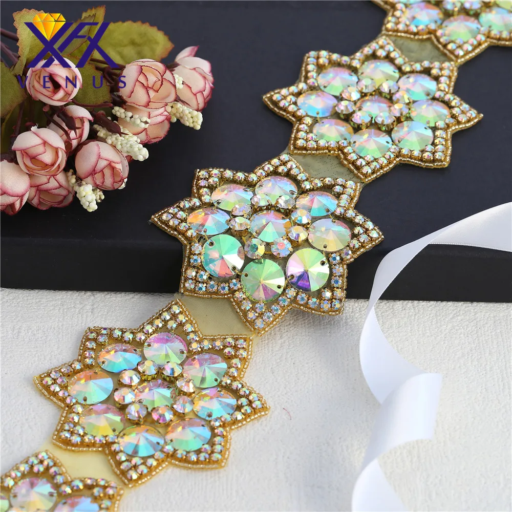 

XINFANGXIU 1 Yard Sew On Hot Fix ab crystal Stars rhinestone trimming For Wedding Dresses Garment Accessories