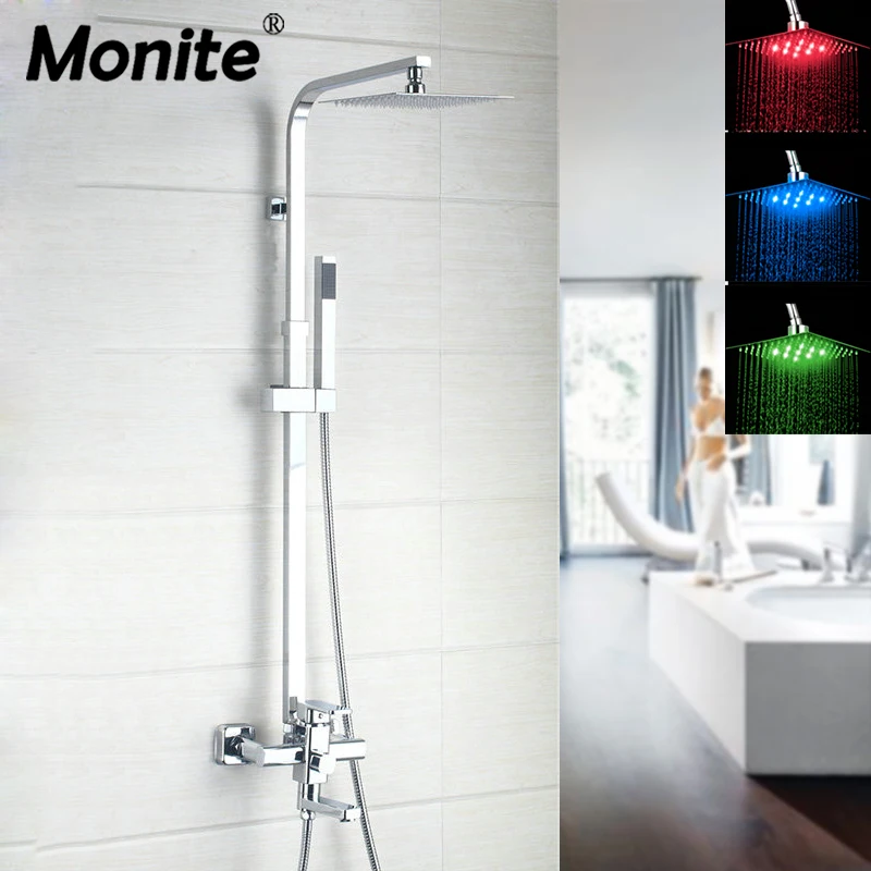 

8 10 12 16 inch LED Head Wall Mounted 3 Function Bathroom Rainfall Hand Spray Adjustable Handle Mixer Shower Faucets Taps sets