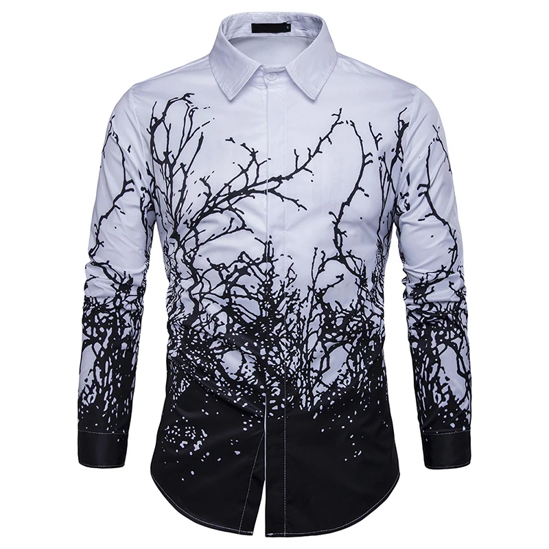 

New Fashion Spring Tree Branches Printing Men Shirts Lapel Camisa Masculina With Long Sleeves Casual Style Slim Fit Man Shirt