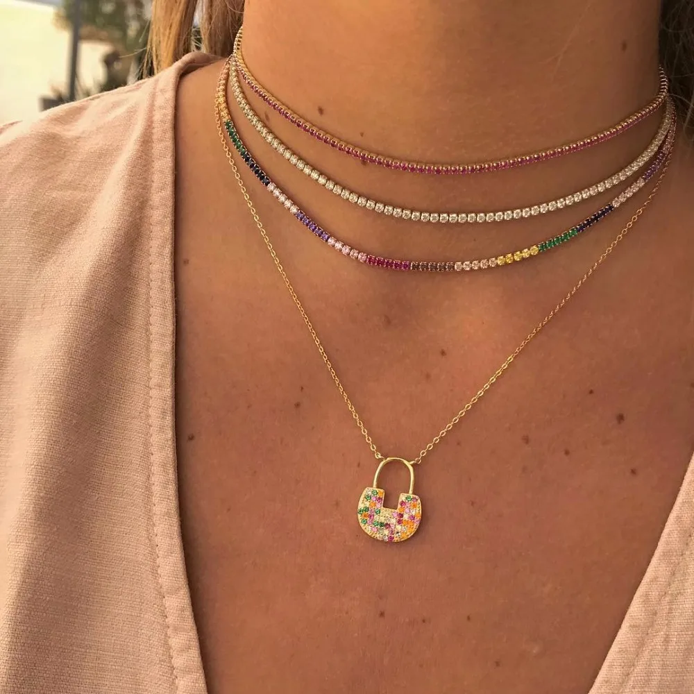 

2019 New arrived gold color necklace with rainbow cz tennis chain colorful cz charm choker with tiny link chain necklace jewelry