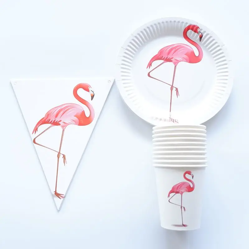 

30pcs Cartoon Flamingos Disposable Paper Cutlery Set Plates+Cups+Flags festival Decorative Birthday Wedding Party Supplies