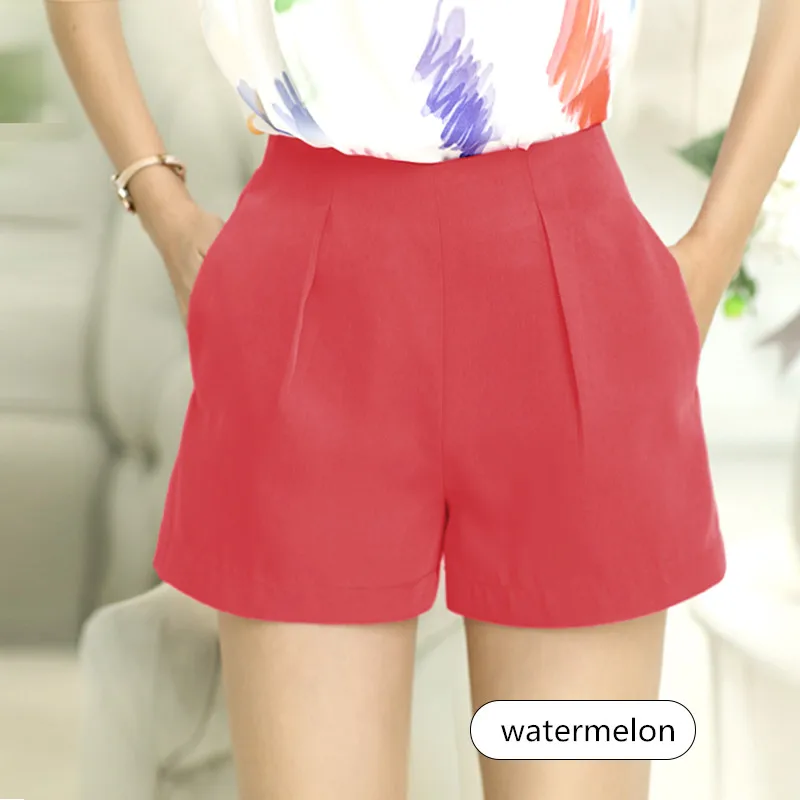 WKOUD, летние шорты для женщин, яркие цвета, высокая талия, на молнии, шорты для женщин, шифон, крутые шорты размера плюс, свободные, хит, шорты DK6009 - Цвет: watermelon red