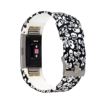 Fashionable Replacement Wrist Band Smart Watch Band Skull Leopard Pattern Silicone Wrist Strap for Fitbit Charge 2 Men Women