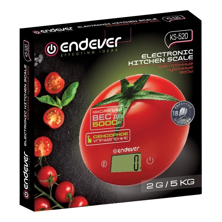 Кухонные весы Endever KS-520 (Максимальный вес 5 кг, точность измерений 1 г, сенсорное управление)