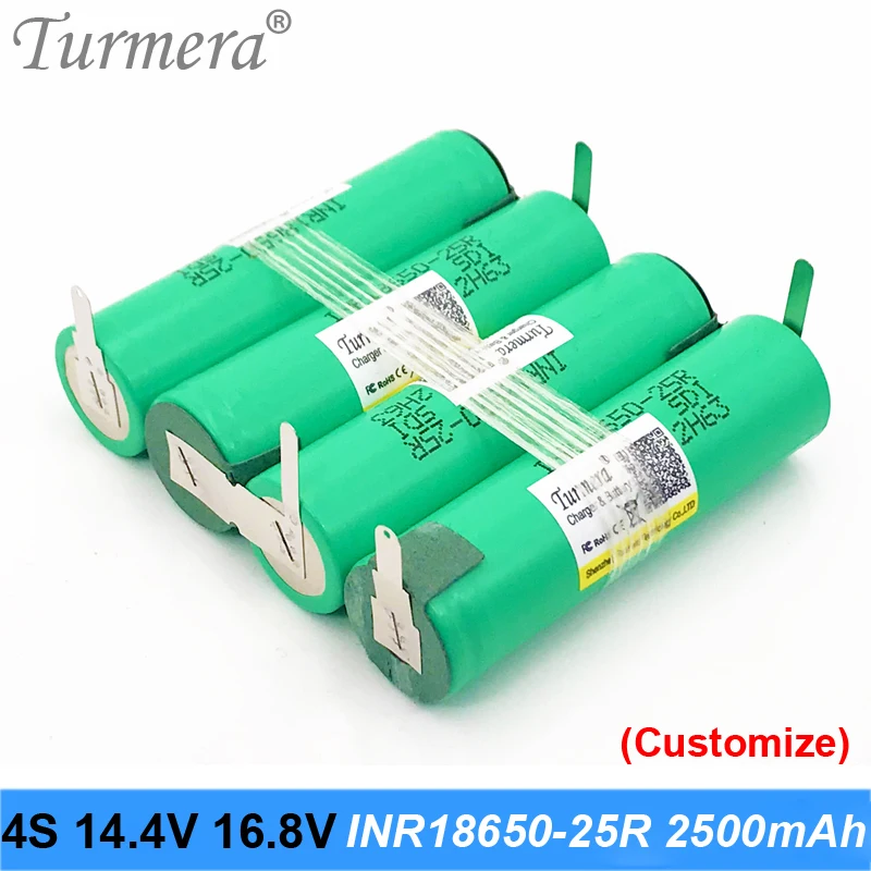 4s 18650 pack 2500mah battery 25R 18650 20a battery 16.8v 14.4v soldering battery for screwdriver tools battery customized 