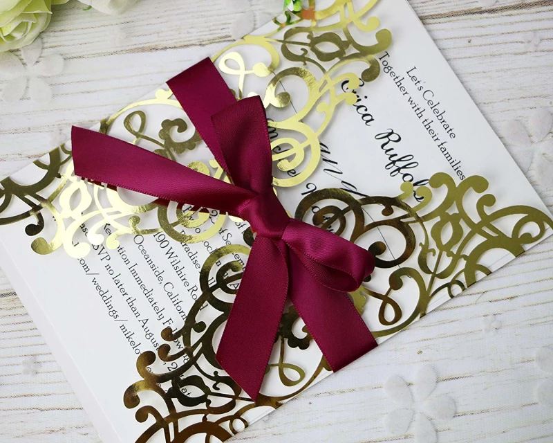 PONATIA 20 шт. яркая Золотая лазерная резка Bling Пригласительные открытки с лентой для свадебной вечеринки приглашение на день рождения