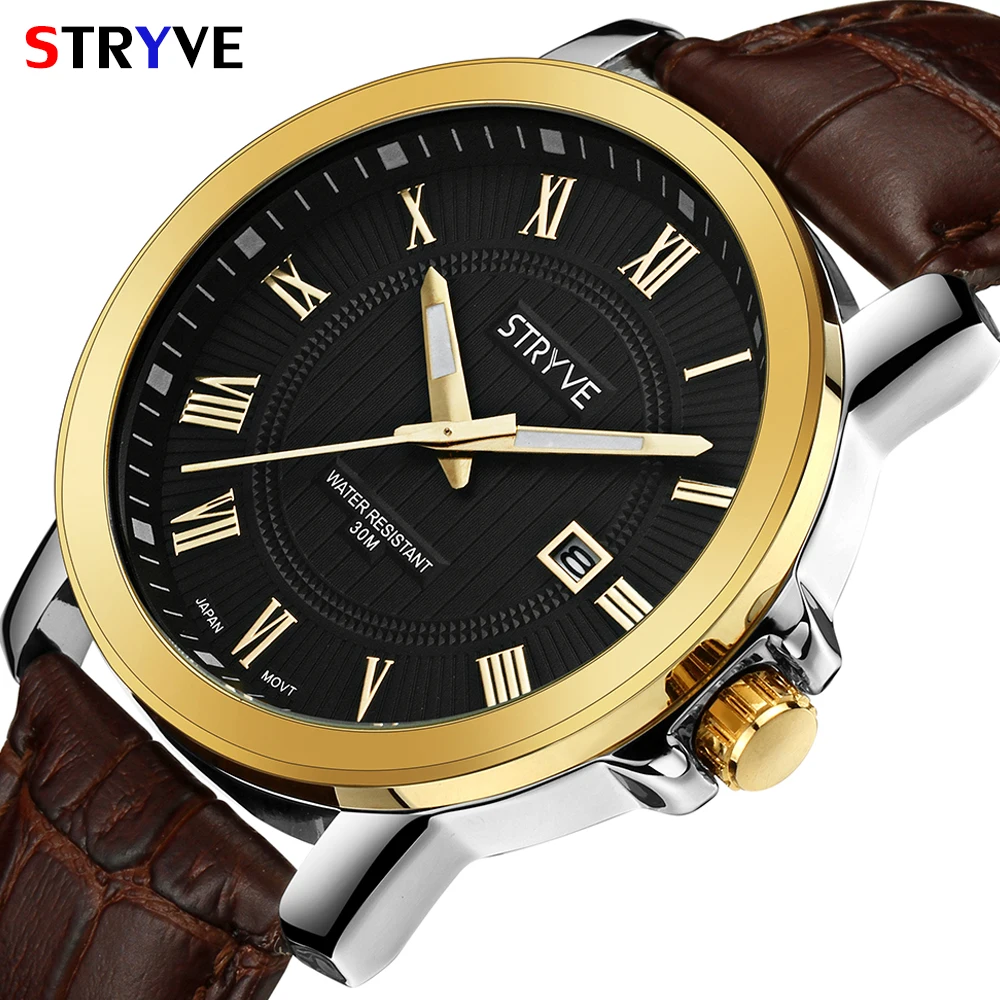 

Original Brand Mens Stryve watches Calendar Genuine Leather 30m Waterproof Male Fashion Quartz Mens Watches montre femme relojes