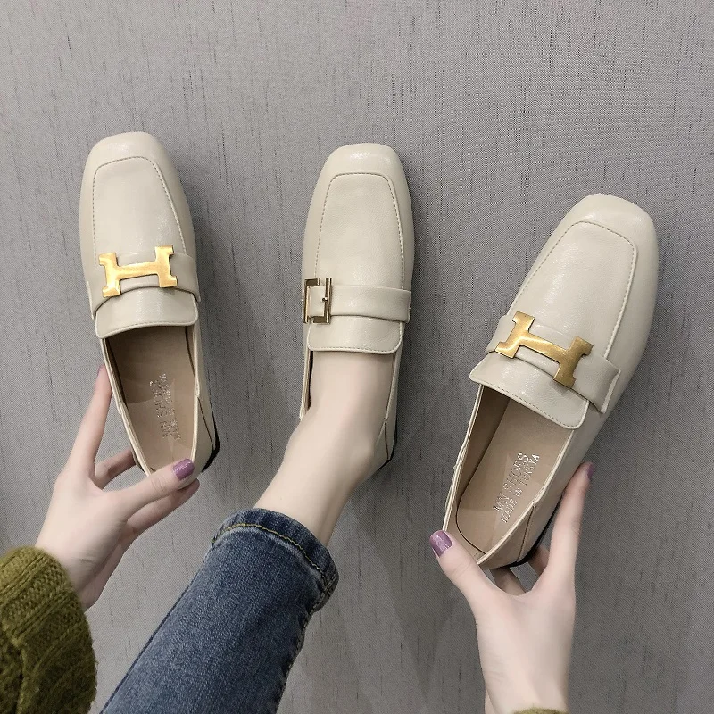 

2019 Spring Women Shoes Brand Designers Metal Buckle Square Toe Slip on Leather Flats Loafers Casual Mules Shoes Scarpe Donna