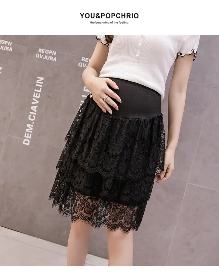 Summer Black White Maternity Skirts Fashion Lace Pleated Mesh Skirt High Waist Stomach Lift Pregnant Skirts Pregnancy Clothes