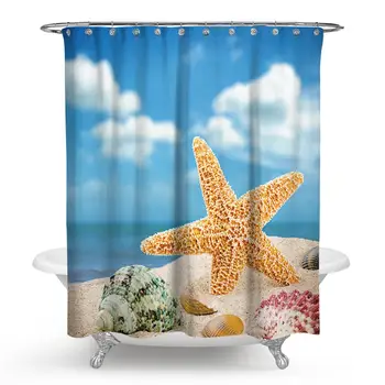 

Shell Shower Curtain Beach Seastar Bathroom Curtain Fabric Blue Sky White Cloud Cortina Ducha Summer Sunshine Sandbeach Bath