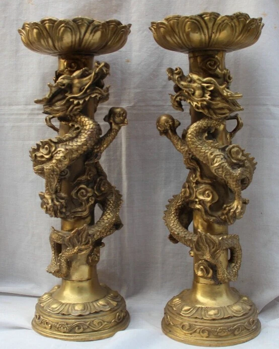 

zhaomeirui41++15" Huge Chinese Brass Dragon Play Ball Statue Candlestick Candle Holder Pair