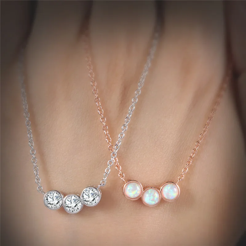 

ROXI 2018 Fashion Necklace Women Three Round Fire Opal Pendant Necklace Rose Gold Chain Necklace Jewelry collier ras du cou L3