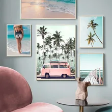 Sunny Beach Sexy Girl cocotero vintage coche cuadro sobre lienzo para pared carteles nórdicos e impresiones cuadros de pared para sala de estar