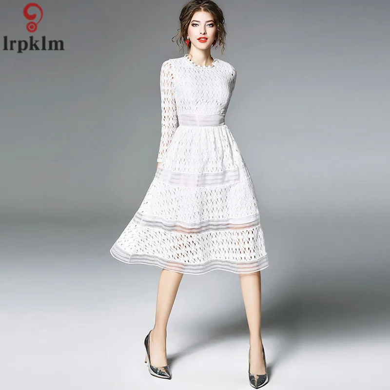 Europe-America Women's 2018 Spring New Round Neck Long-Sleeved Party Dress Embroidery Yarn Stitching No Belt CH045 | Женская одежда