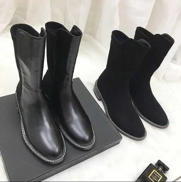 

2018 Hot Spring Autumn Shoes Woman Mid-Calf Height Boots Leather Suede Metal Chain Low Heels Zapatos De Mujer Casual Boots Tide