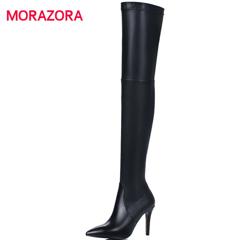 

MORAZORA 2018 new fashion over the knee boots microfiber+genuine leather boots sexy super high heel pointed toe Knight boots