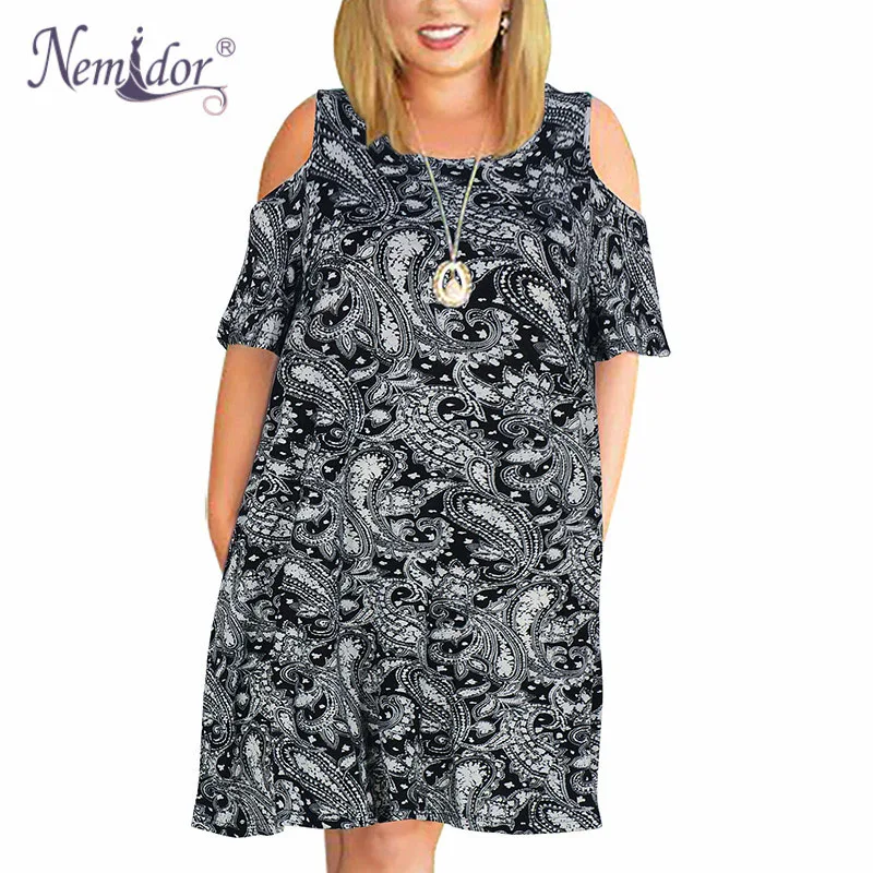 Nemidor Women's Cold Shoulder Plus Size Casual T-Shirt Swing Dress with Pockets (22)