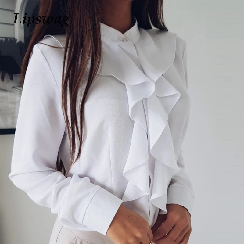 

Lipswag Elegant Office lady Solid Chiffon Blouses Women Sexy V-Neck Ruffles Blouse Shirt Summer Long Sleeve Blusa Tops S-XXL