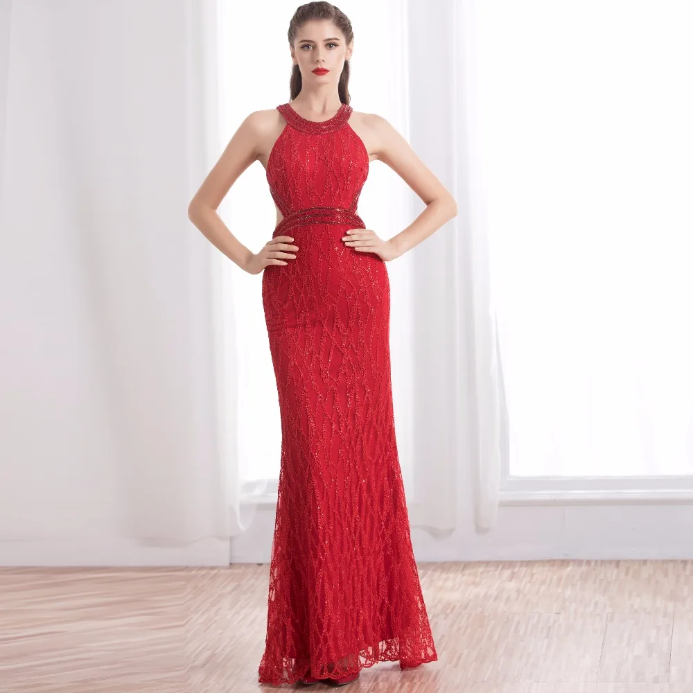 Luxury Red Long Lace Sequin Evening Dress Backless O-Neck Evening Gowns Sleeveless Prom Party Formal Dresses DT17026