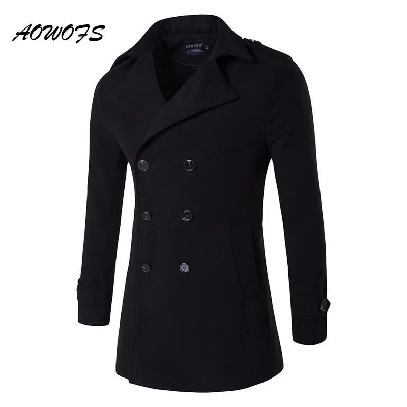 

AOWOFS Mens Pea Coat 2017 Winter Wool Coats Men Double Breasted Wool Pea Coat Mens Overcoat Black Trench Coat Plus Size Peacoat
