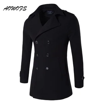 

AOWOFS Mens Pea Coat 2017 Winter Wool Coats Men Double Breasted Wool Pea Coat Mens Overcoat Black Trench Coat Plus Size Peacoat