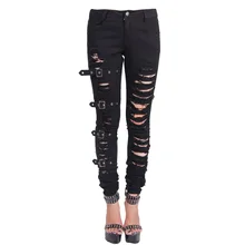 Devil Fashion Women Slim Fit Black Ripped Emo Gothic Punk Denim Pants With Tears and Belts Vintage Ladies Steampunk Damage Jeans