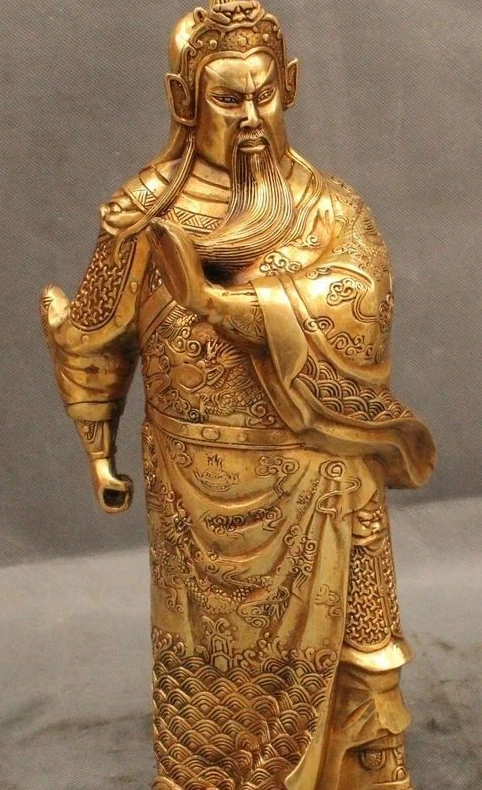 

13" Chinese Folk Brass Stand General Guan Gong Yu Warrior God Statue Sculpture