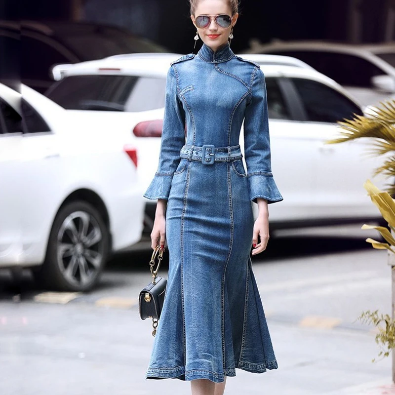 

Top Quality Runway Designer Flare Sleeve Sashes High Waist Elegant Woman Denim Dress Slim Bodycon Woman Dress Vestidos