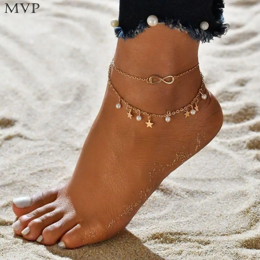 

Fashion 0inch Layers Women Beach 5g Foot Star 2 5cm Beach Pearl Jewelry Chain Anklet Hook 2 Personality Daily