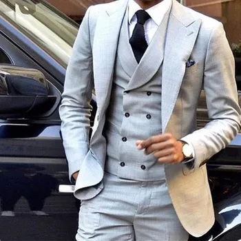 

Custom Made New Style Light Grey Men Suit Double Breasted Slim Fit Skinny 3 Piece Tuxedo Groom Custom Blazer (Jacket+Pants+Vest)