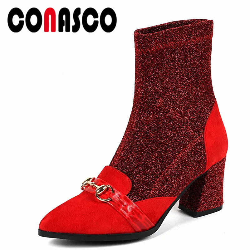 

CONASCO 2019 Fashion Women Mid-Calf Boots Metal Decoration Party Prom Dancing Shoes Woman Pointed Toe Quality High Heels Shoes