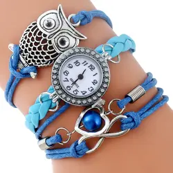 Gnova платины Многослойные Паракорды часы-браслет Для женщин Сова Шарм голубое сердце Винтаж Мода Rhinestone наручные кварцевые a898